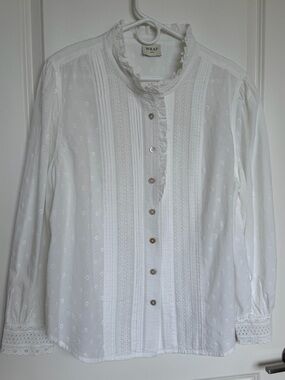 WRAP London White Swiss Dot Ruffle Collar Eyelet Button-Up Blouse
